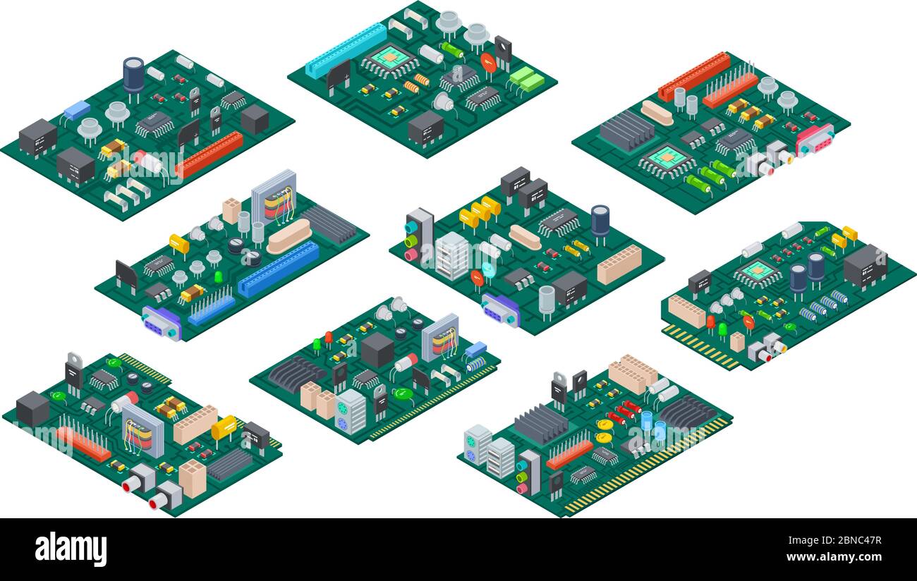 Circuit board isometric. Electronic computer components motherboard. Semiconductor microchip, diode. Hardware vector parts. Illustration of electronic motherboard and isometric processor and microchip Stock Vector