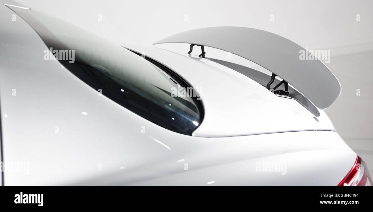 LONDON, UNITED KINGDOM - Apr 10, 2017: Rear spoiler of white Porsche sports car Stock Photo