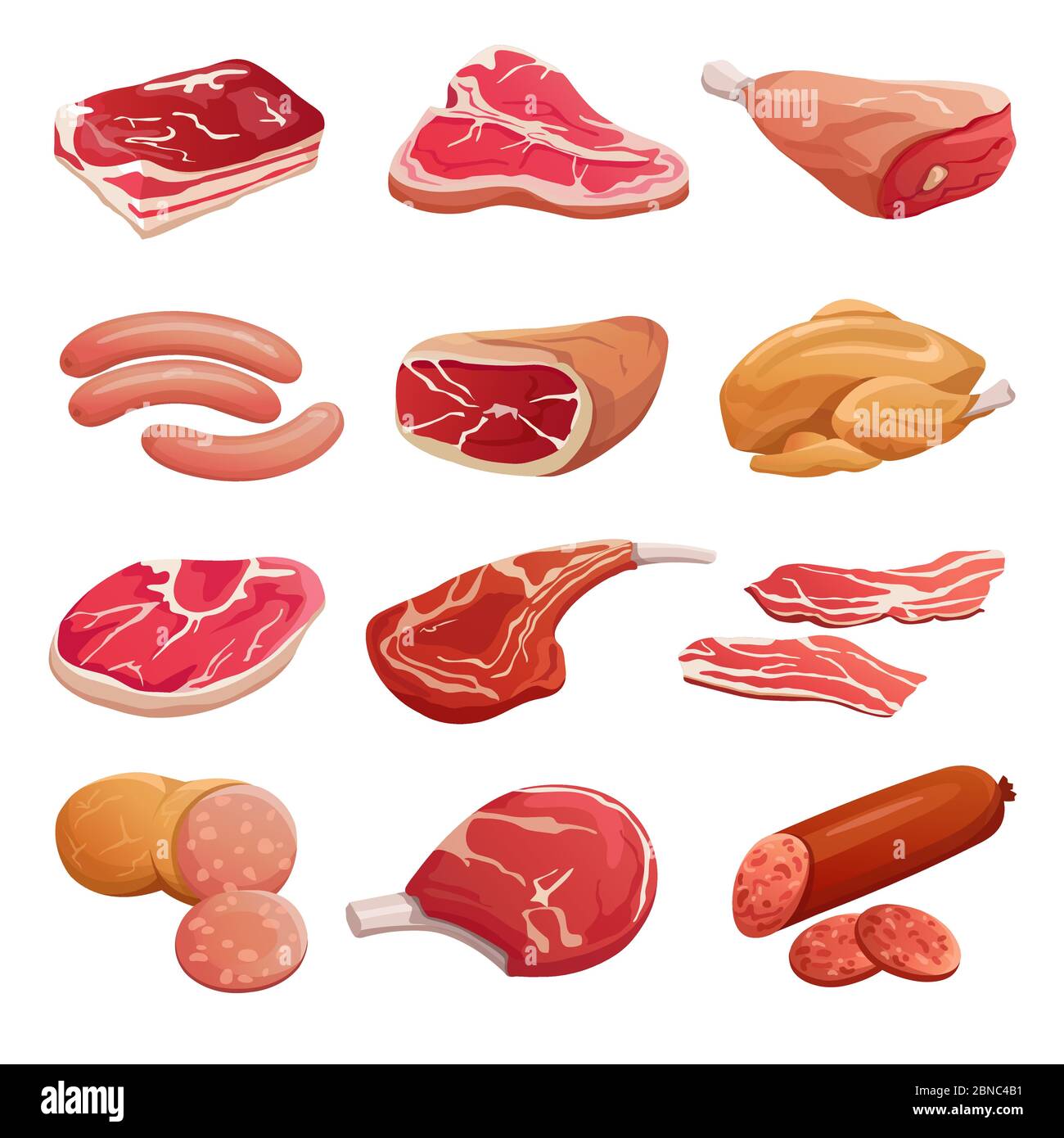 Cartoon meat set. Pork, beef and lamb raw meat products and sausages