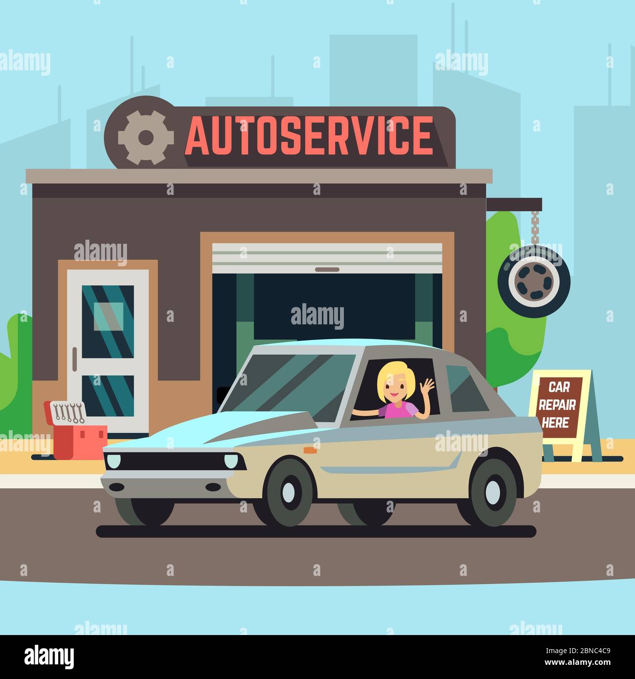Blonde happy woman driver on car service station or repair garage flat illustration Stock Vector