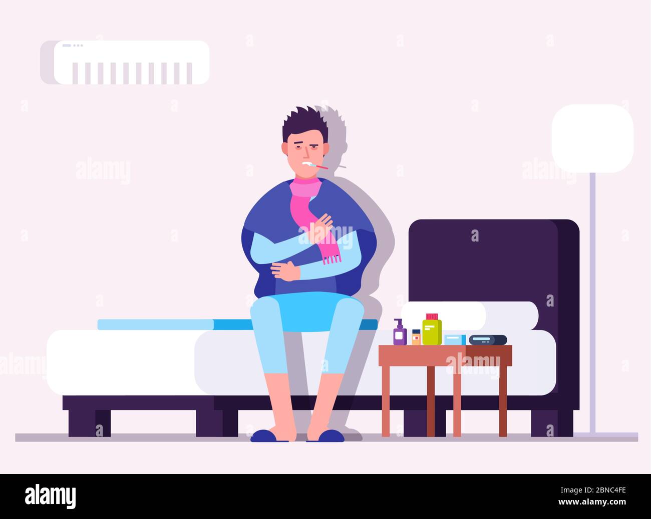 Man having cold or flu. Winter illness, sick person, patient with thermometer. Flu virus prevention vector medical concept. Patient sick, cold and flu, ill and fever, man with thermometer illustration Stock Vector