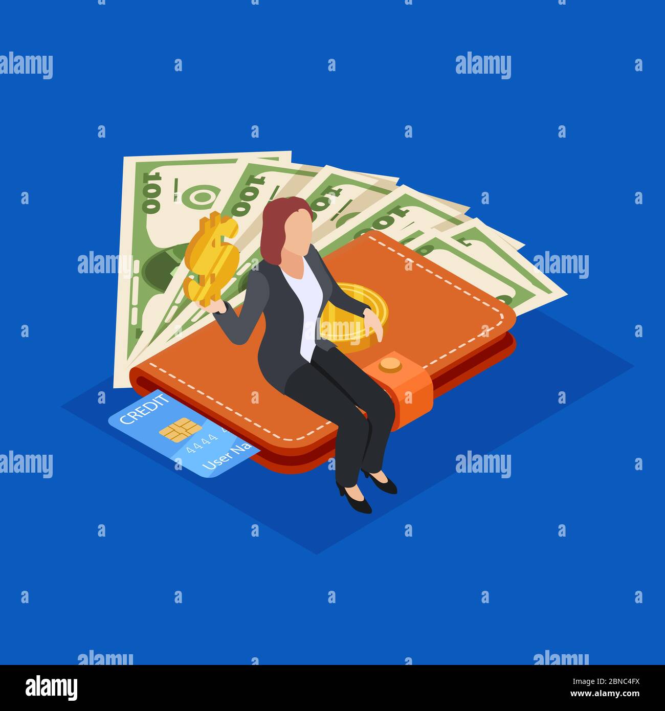 Businesswoman sitting on purse with money and credit card. Saving money isometric vector concept. Illustration of wallet with money and credit card Stock Vector