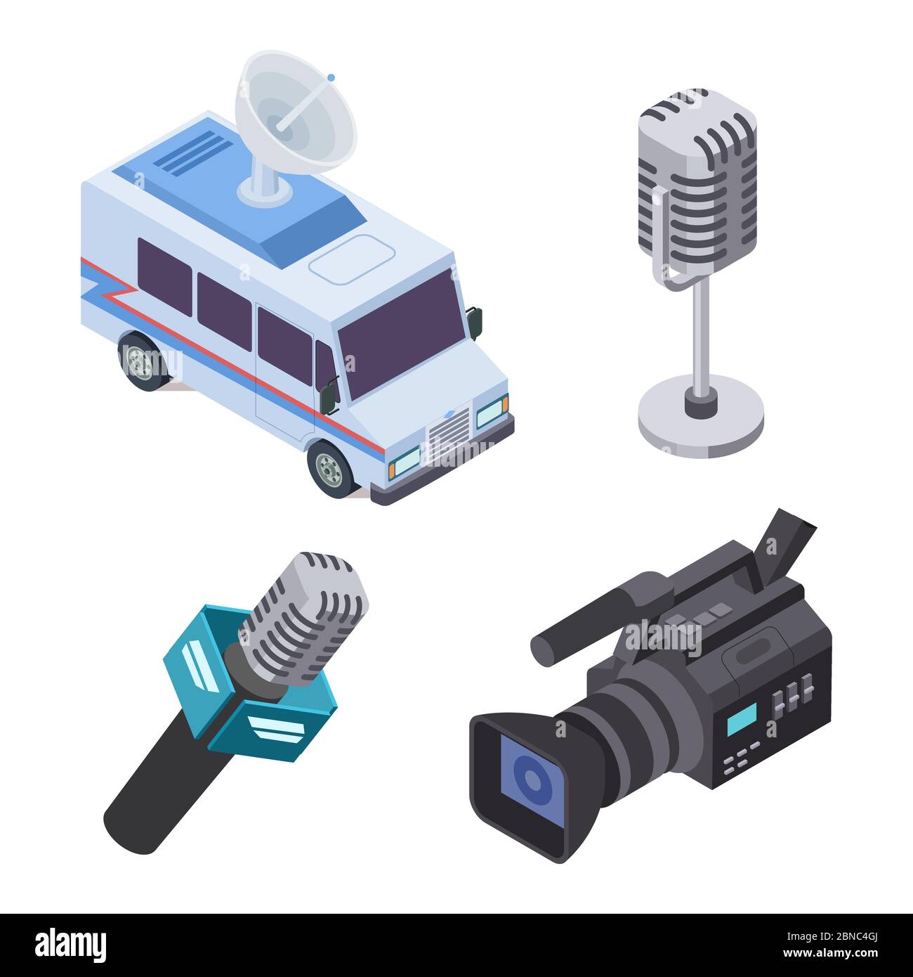 Broadcasting equipment. Television stream electronics, telecommunications 3d isometric vector elements isolated on white illustration Stock Vector