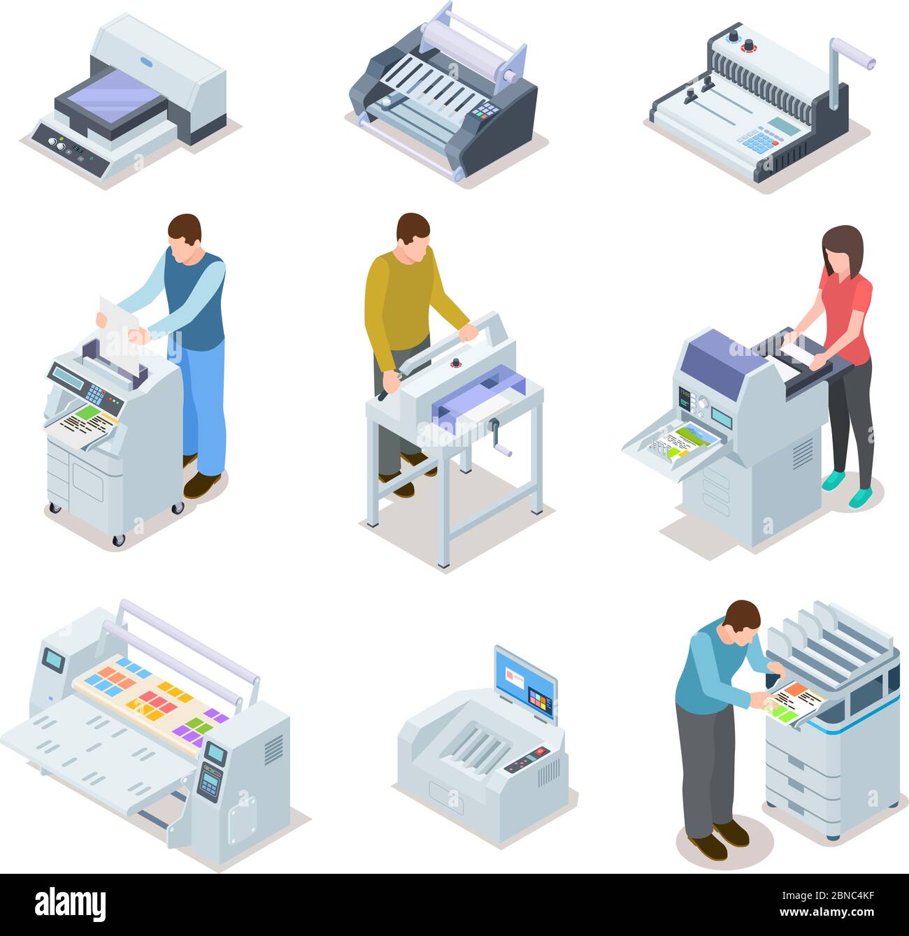 Printing house equipment. Printer plotter, offset cutting machines and people workers. Industrial polygraphy isometric vector icons. Illustration of equipment printer and polygraphy device Stock Vector