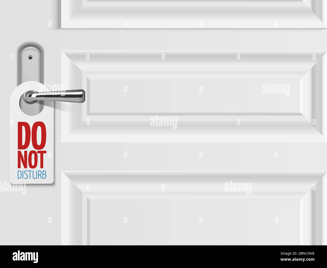 Do not disturb vector concept. White door background with realistic metallic door handle with plastic blank. Not disturb in hotel room, closed door illustration Stock Vector