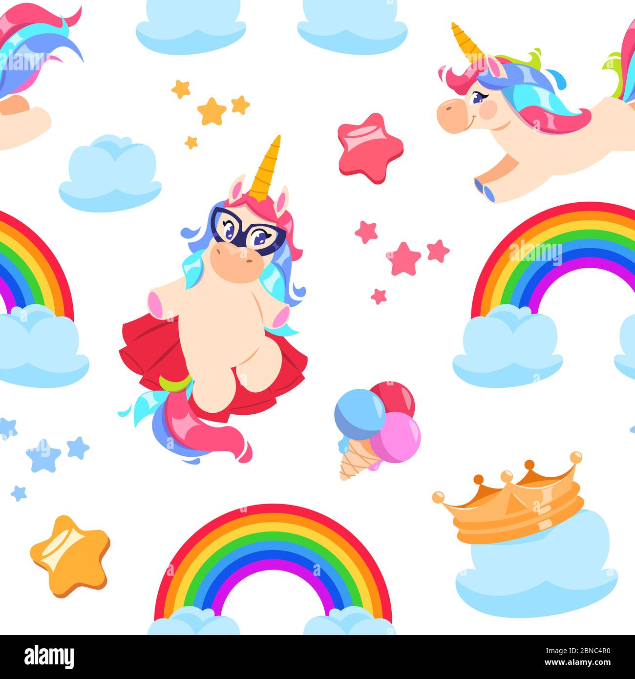 Cute unicorn seamless pattern. Baby pony, rainbow horse. Girl bedroom fairytale vector wallpaper. Illustration of unicorn and pony with rainbow and clouds Stock Vector
