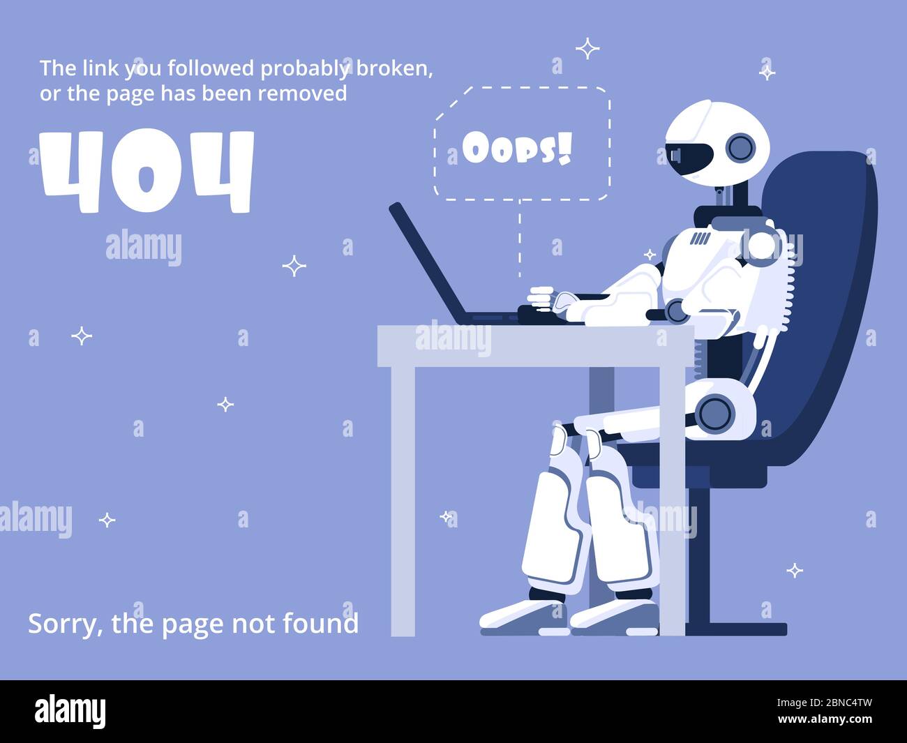 Error 404. Not found web site page with robot and warning message. Vector template of robot warning about error website illustration Stock Vector