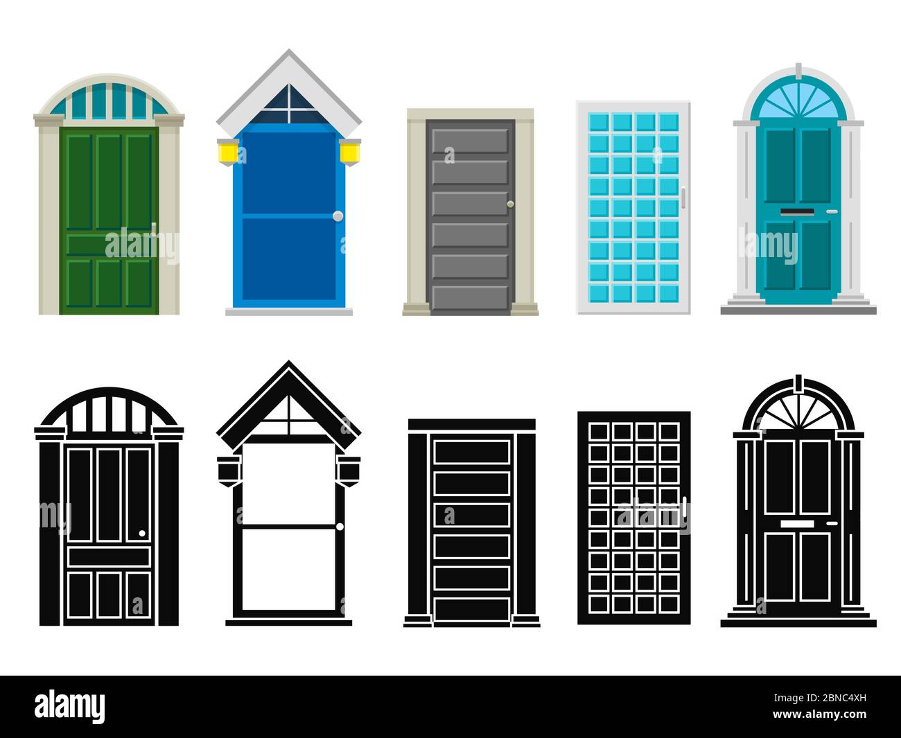 Front house doors flat and silhouette vector set isolated on white illustration Stock Vector