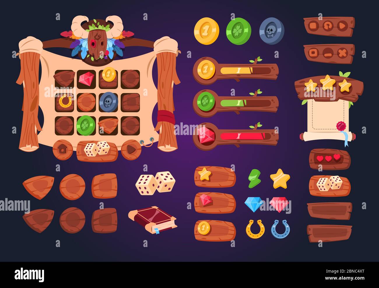 Cartoon game ui. Wooden buttons, sliders and icons. Interface for 2d games,  app gui vector design. Game wood interface, gui application panel  illustration Stock Vector Image & Art - Alamy
