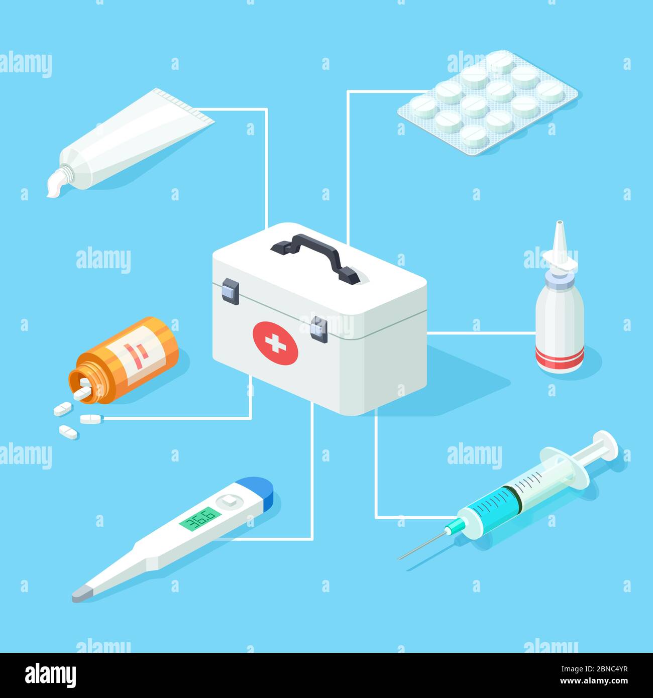 First aid kit tools vector isometric concept. Isometric first aid kit 3d for health care illustration Stock Vector