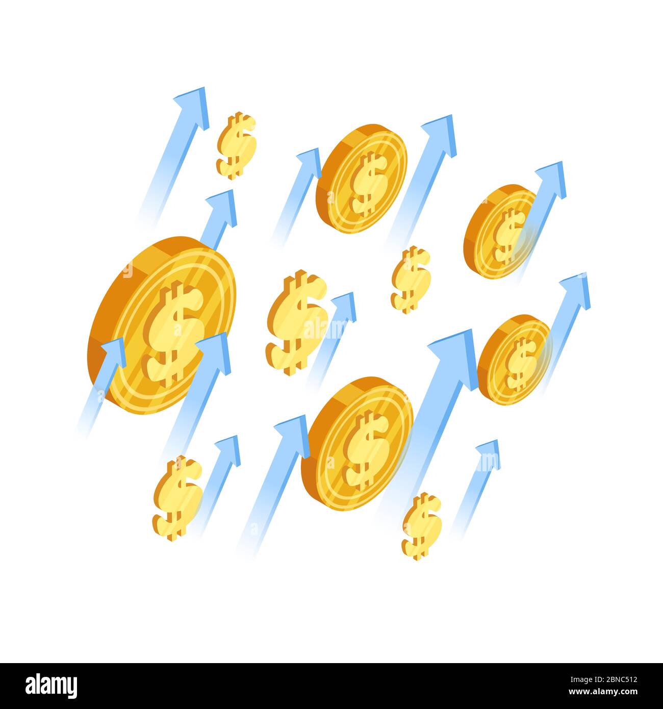 Growth dollar vector concept. Arrows and dollar coins isometric illustration. Dollar money, finance isometric coins Stock Vector