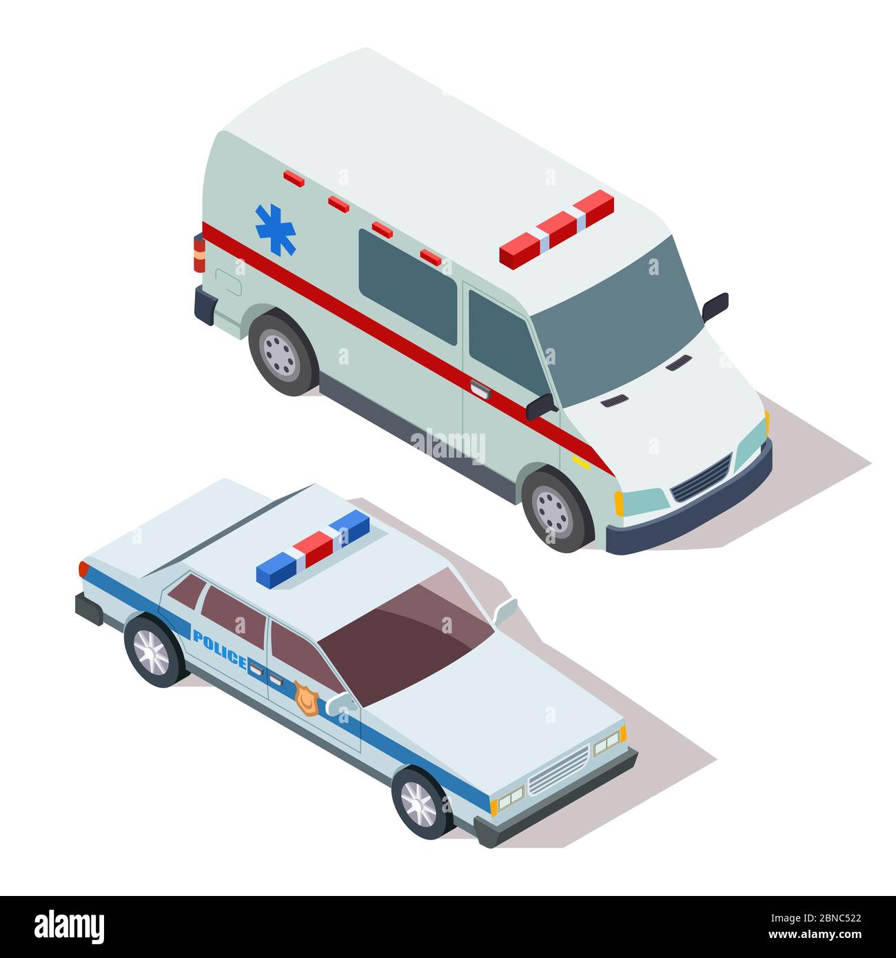 Ambulance and police cars 3d isometric vector isolated on white background illustration Stock Vector