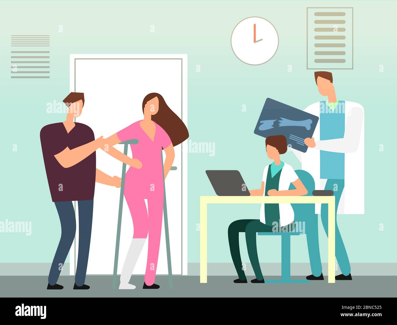 Girl with a broken leg at the surgeon vector illustration. Medical hospital and woman character, healthcare doctor for female injury leg Stock Vector