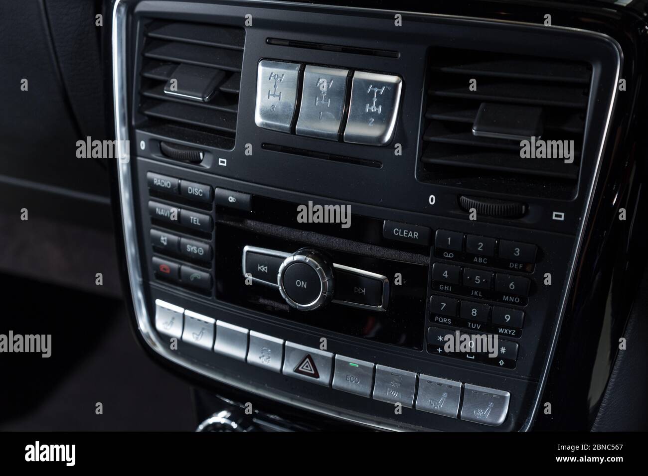 Control panel details of a luxury car with black interior Stock Photo ...