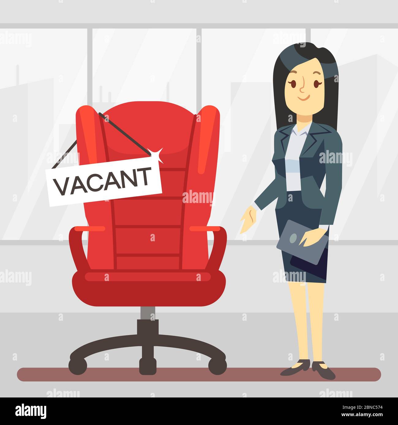 Cute cartoon character HR manager and empty boss chair. Employment, vacancy and hiring job vector concept. Illustration of manager hr headhunting to vacant place Stock Vector