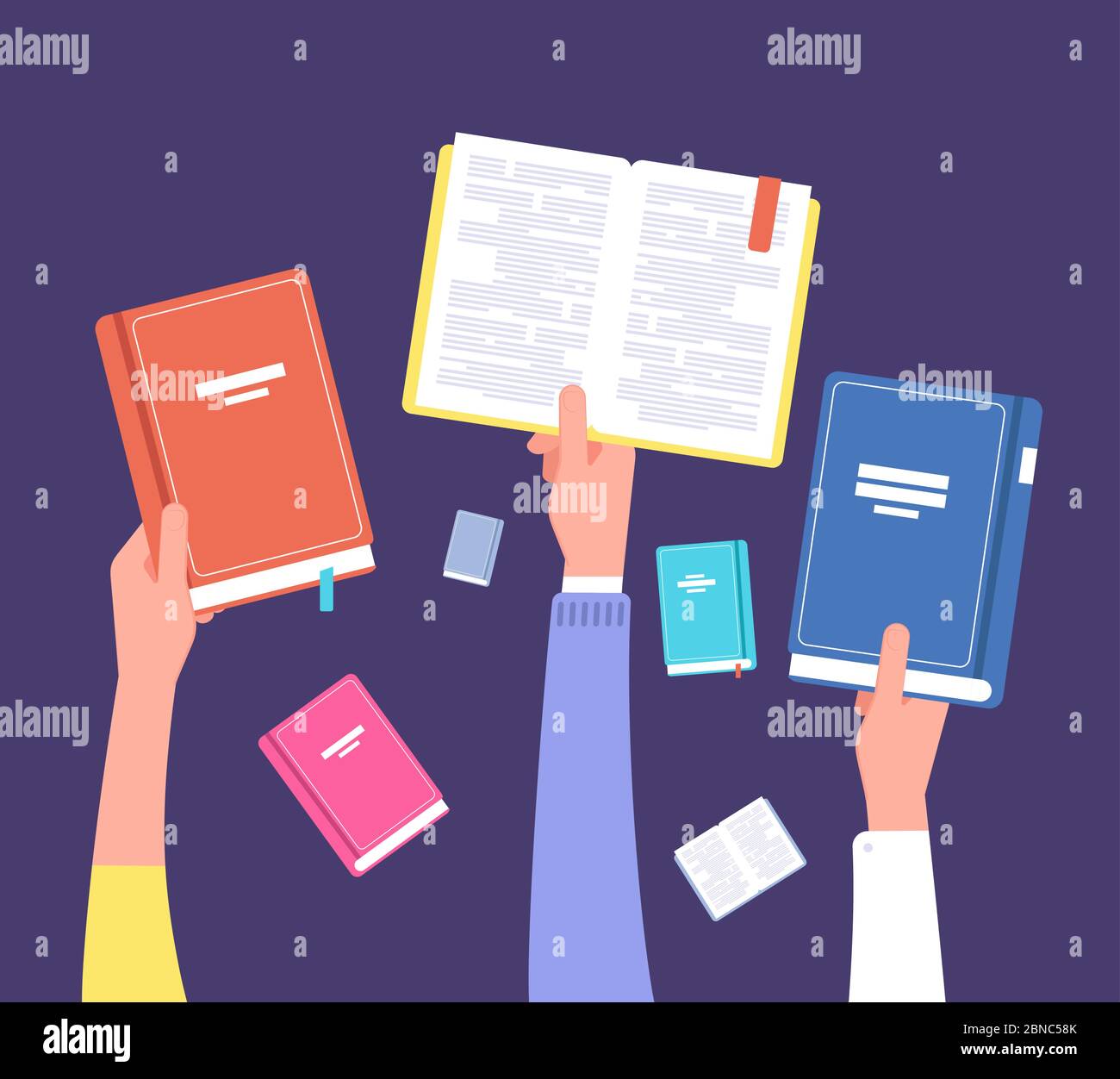 Hands holding books. Public library, literature and readers. Education and knowledge vector concept. Illustration of hand with book, open and read Stock Vector