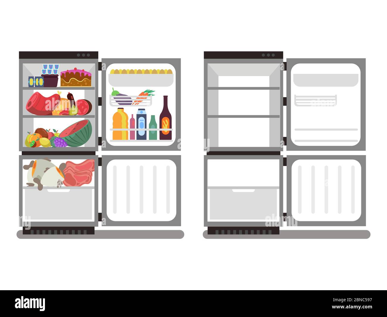 Filled with food and empty refrigerators cartoon vector isolated on white flat style Stock Vector