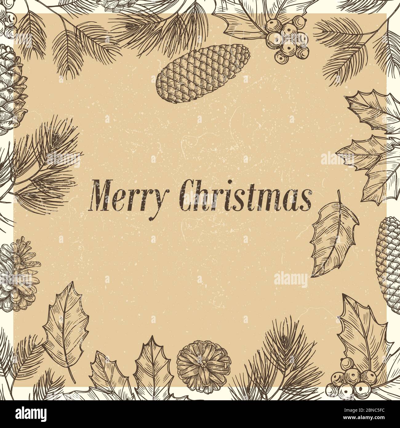 Grunge Christmas poster with sketched branches and cones vector template illustration Stock Vector