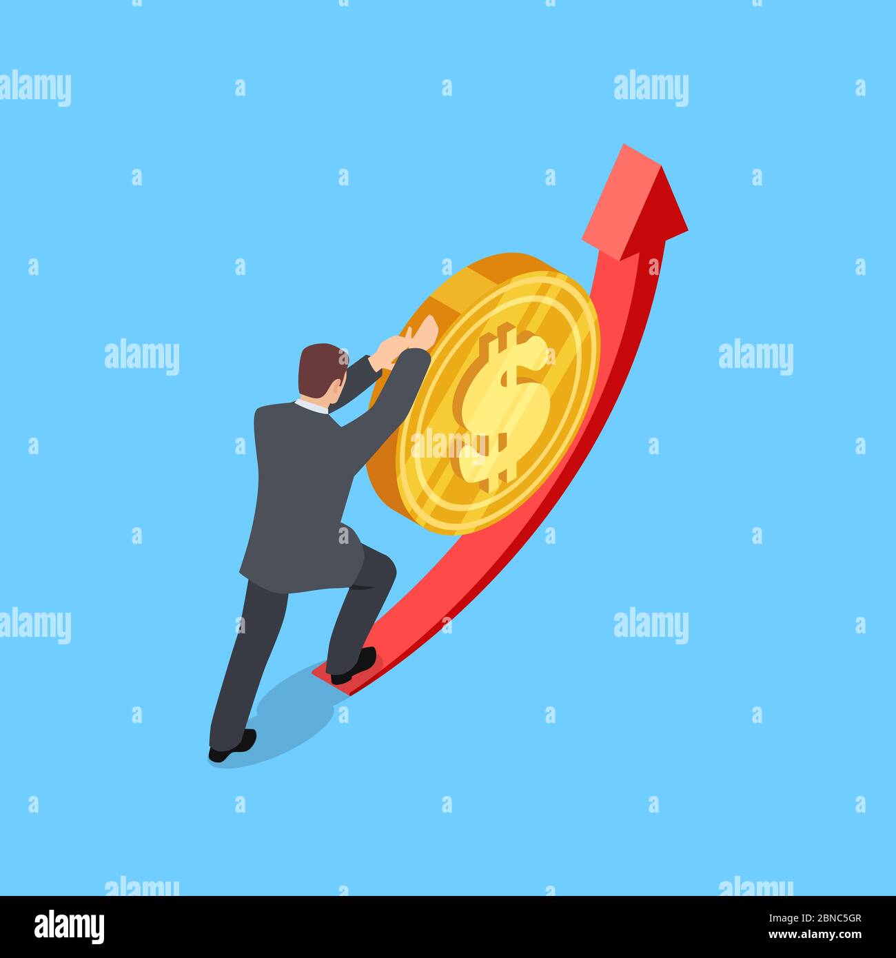 Man helps the dollar to rise vector illustration. Finance isometric concept. Leadership climb and push golden coins Stock Vector