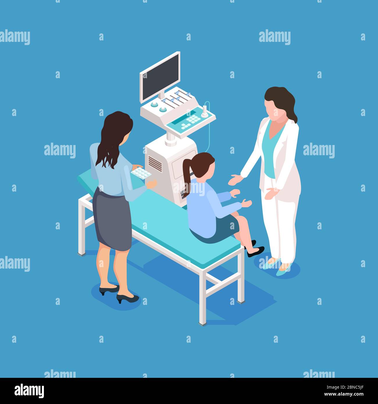 Medical examination of a child isometric vector illustration. Examination pediatrician, woman diagnostic and consultation Stock Vector