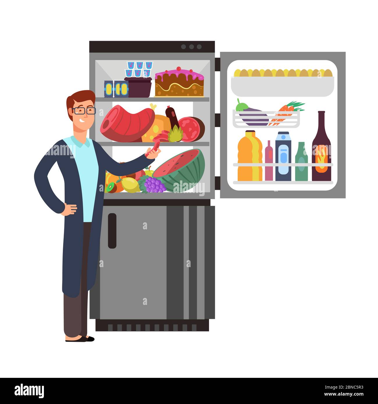 Man thinking snacking sausage at fridge with unhealthy food. People eating at night vector concept. Illustration of male hungry and refrigerator with food and drink Stock Vector