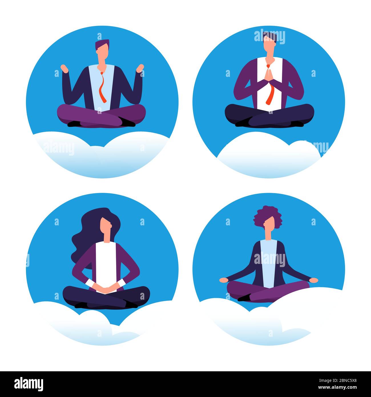 Meditation yoga businesspeople vector icons. Office workers avoid stress. Vector concept of office yoga, business meditation illustration Stock Vector