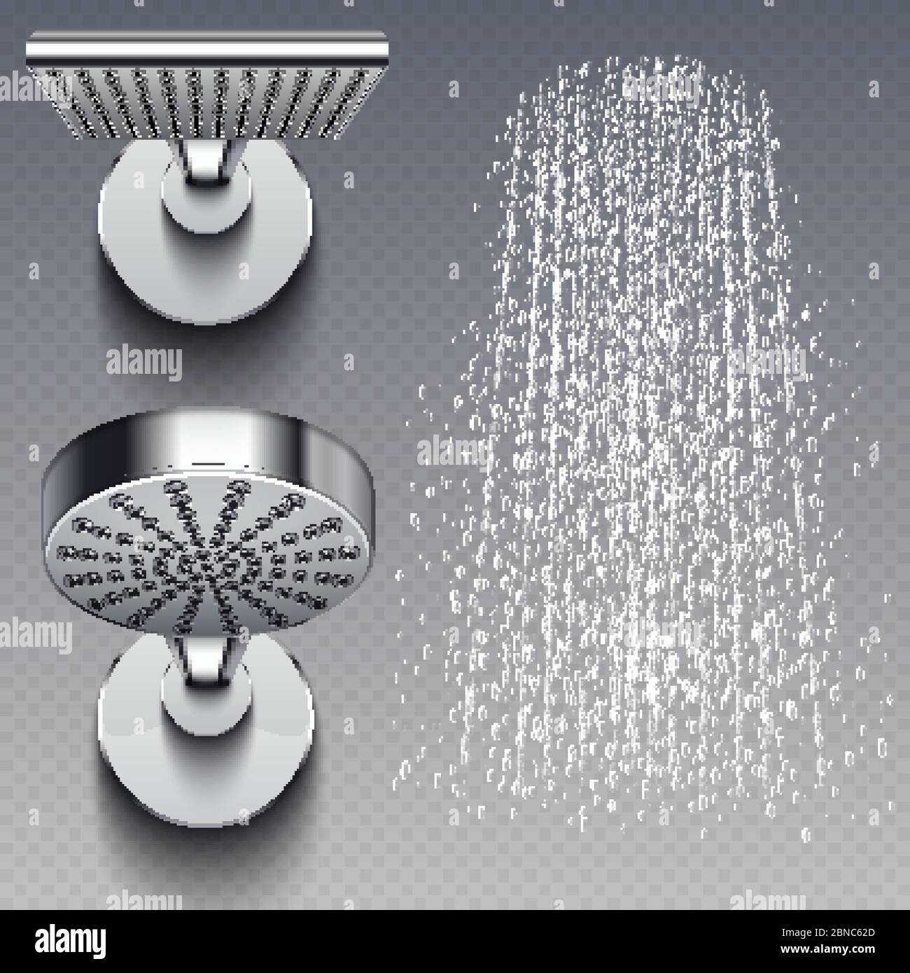 Realistic shower metal heads and trickles of water vector illustration