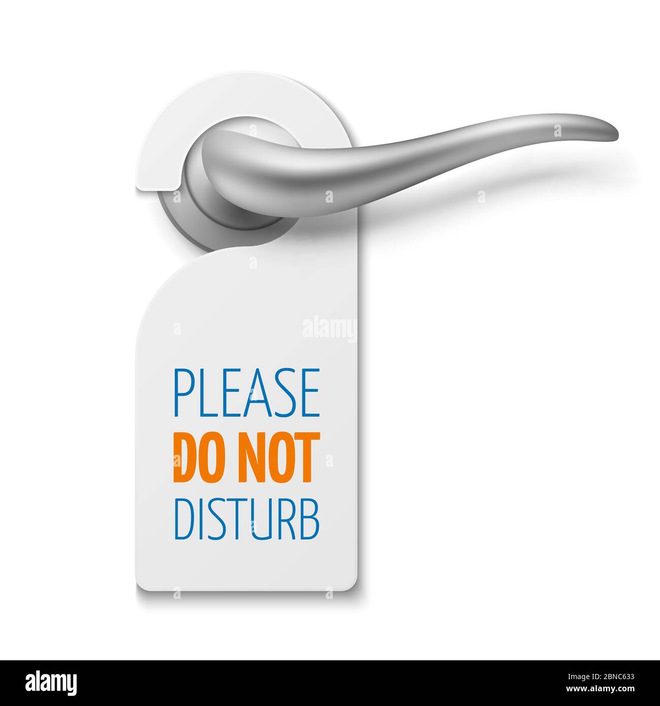 Silver realistic door handle with do not disturb white blank vector sign isolated on white door illustration Stock Vector