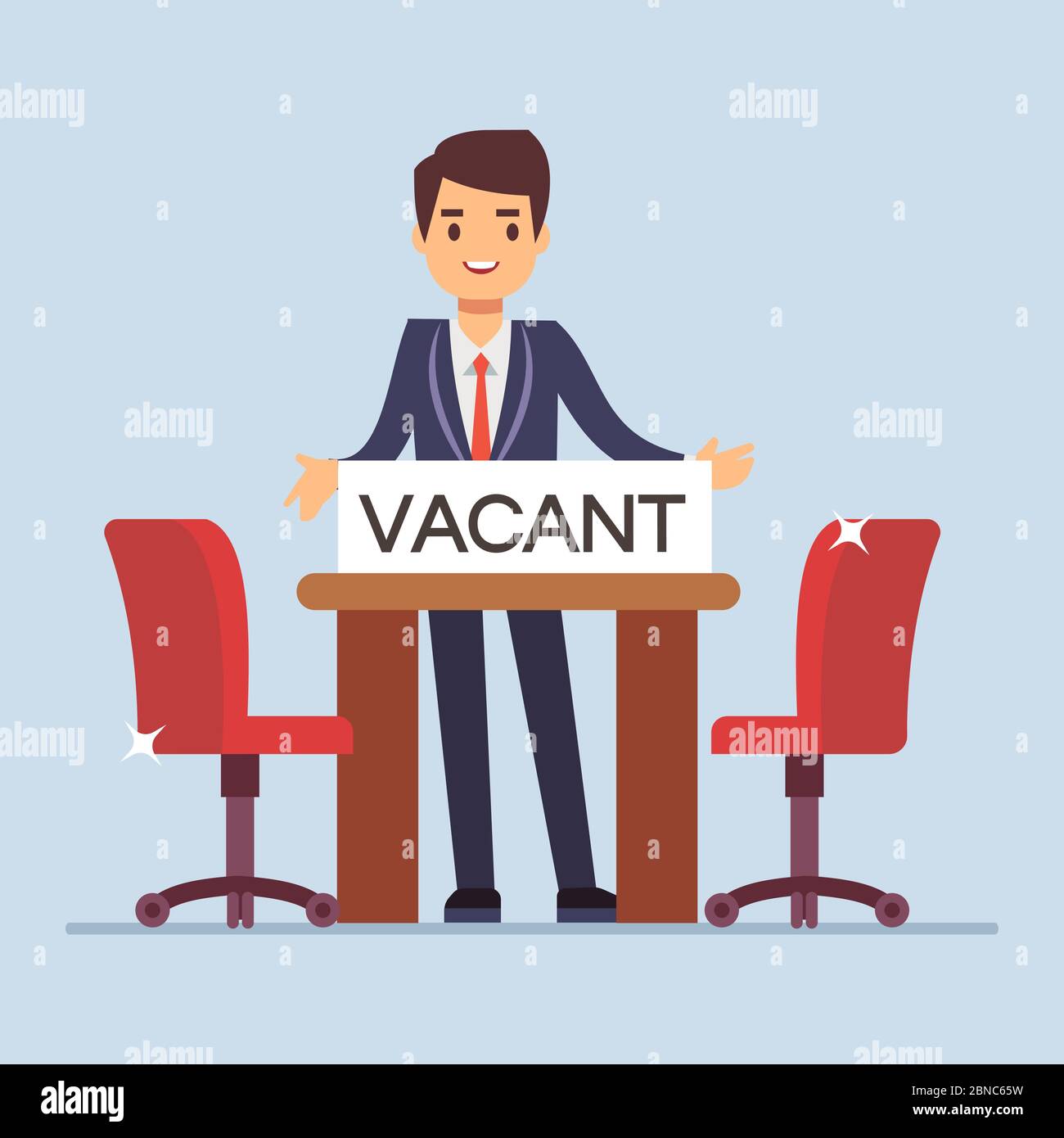 Two empty work chairs. Flat character businessman invites for an interview. Vector illustration Stock Vector