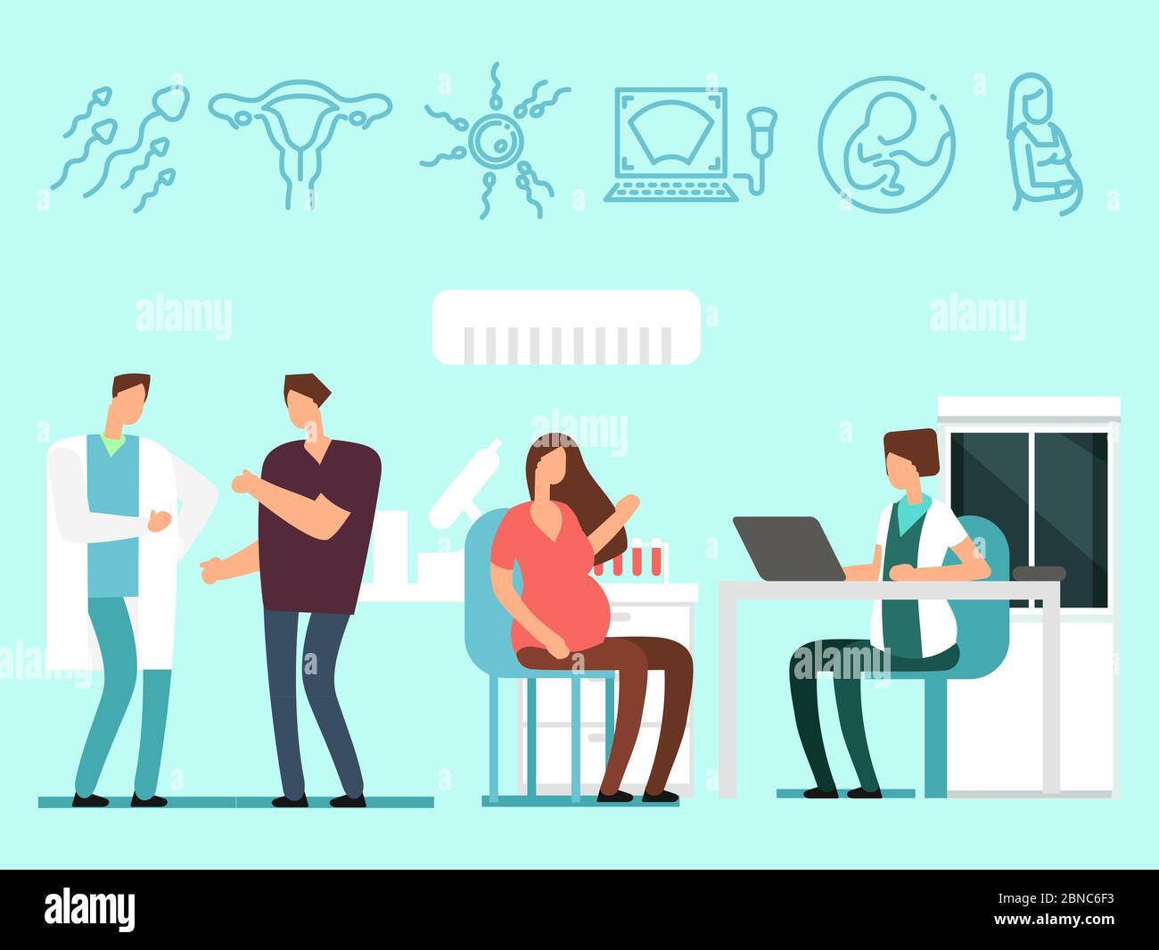 Young future parents have visit to doctors. Pregnant woman and her husband in gynecology. Vector illustration Stock Vector