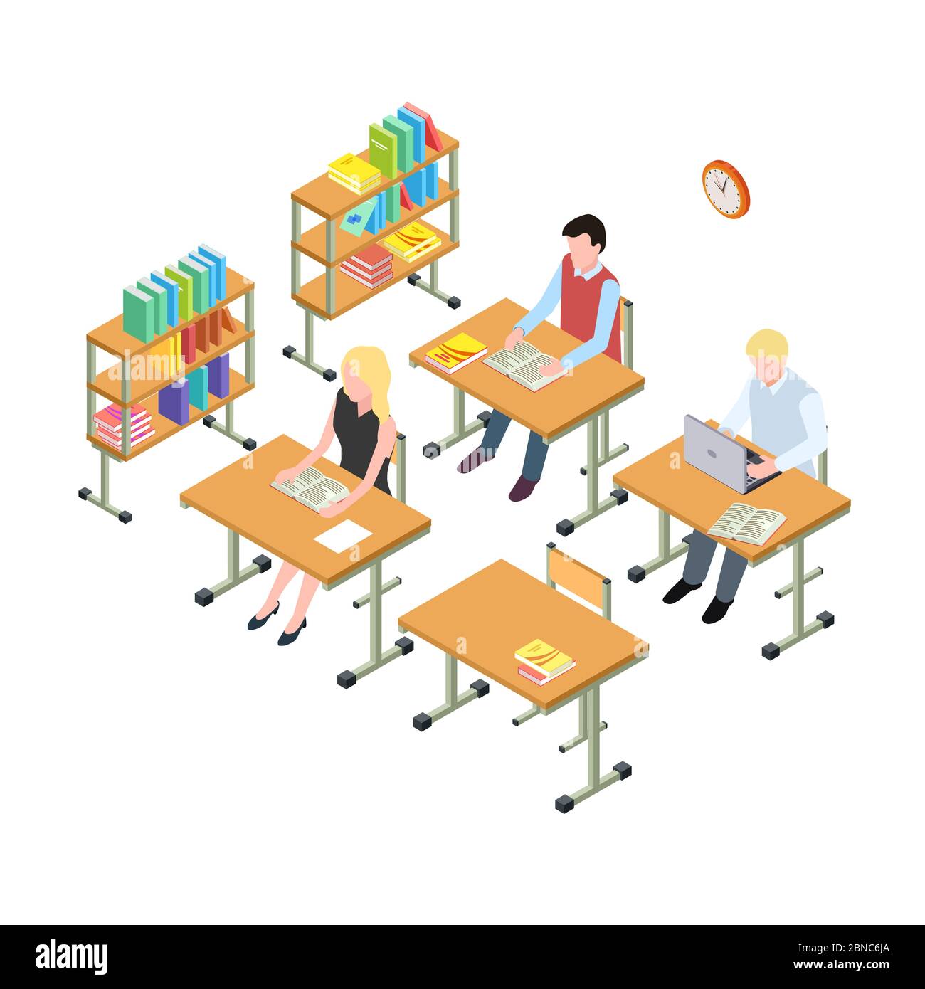 Students working in the library isometric vector concept. Student study isometric library illustration Stock Vector