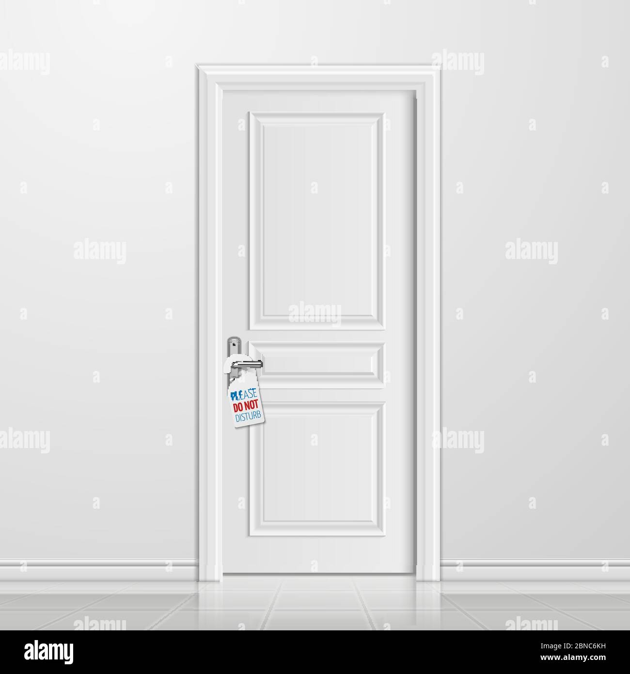Vector realistic closed white entrance door with do not disturb blank. Interior with door illustration Stock Vector