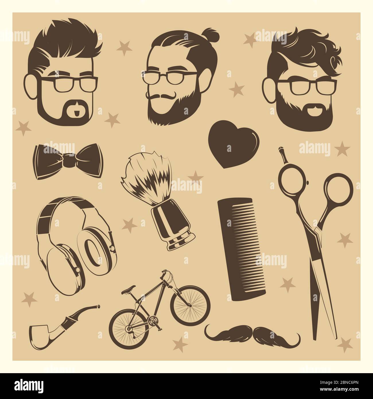 Vector hipster elements set - male heads, scissors, bow tie, bicycle illustration Stock Vector