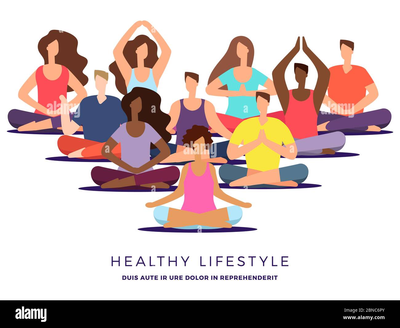 Yoga or pilates class vector illustration. Meditation woman and man. Relaxation and posture yoga exercise for zen Stock Vector