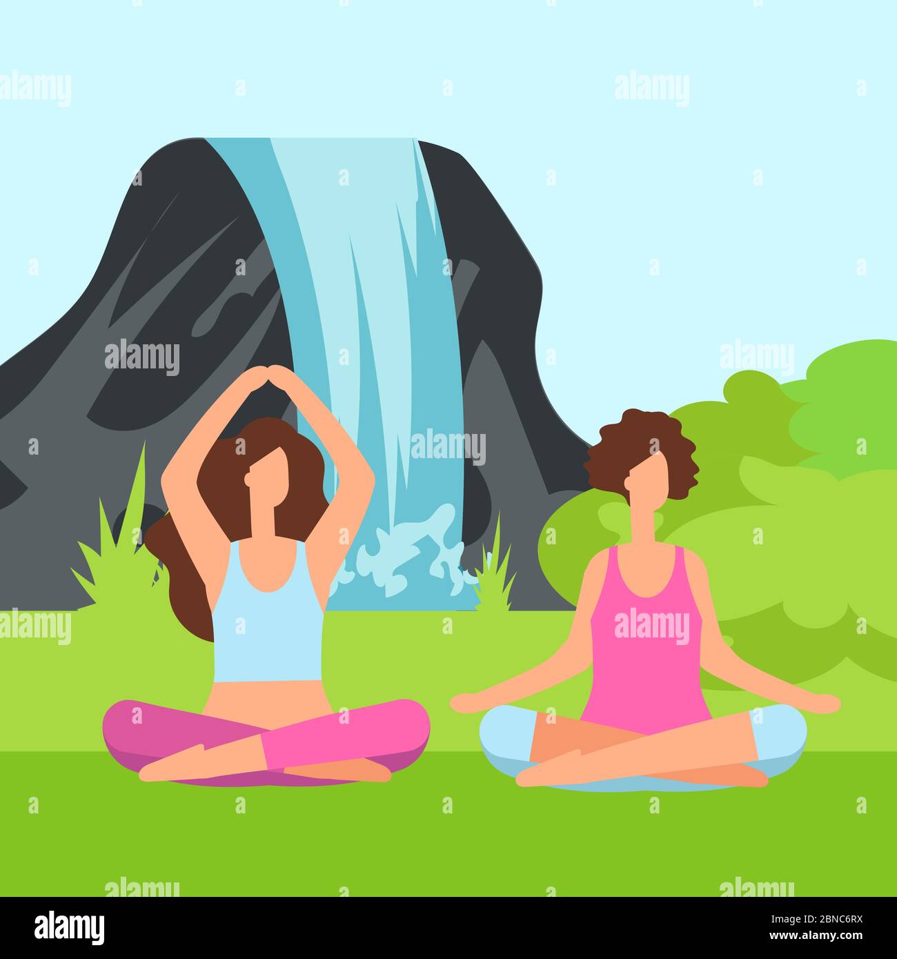 Two meditation women on the nature with green bush and waterfall. Yoga meditation, healthy female in lotus pose illustration Stock Vector