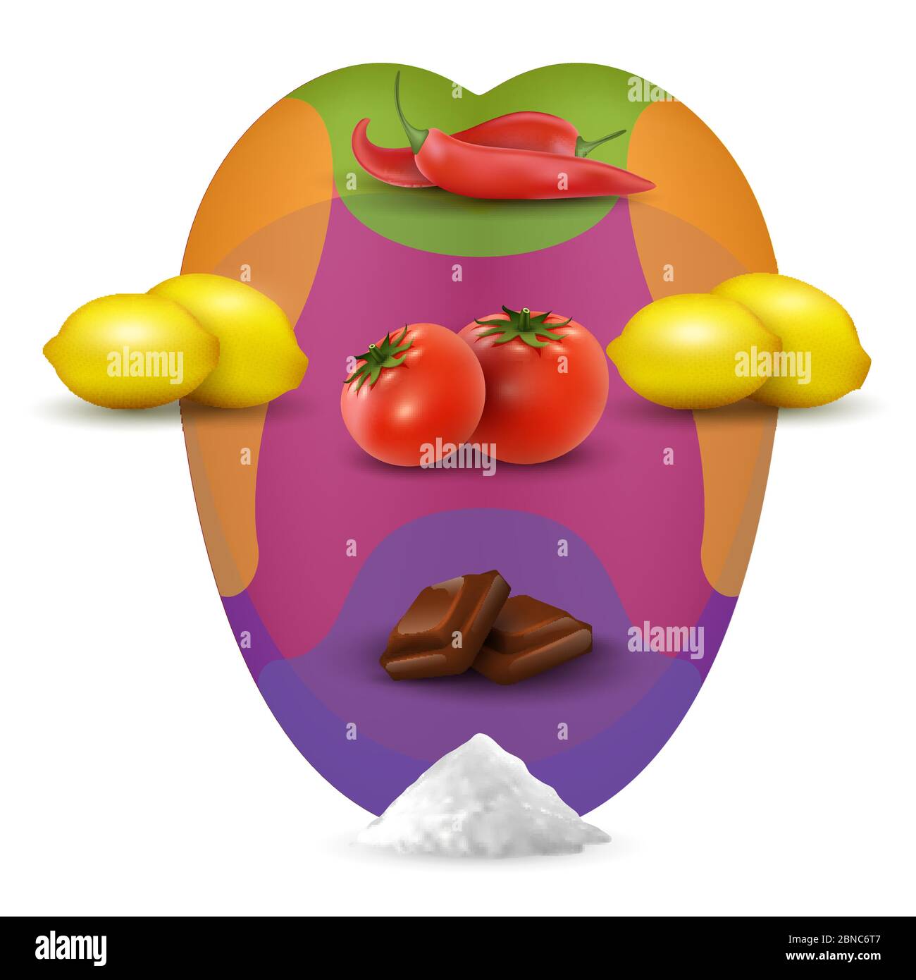 Visual tasting map in human mouth with food. Realistic mouht with lemons, chilli peppers, salt, tomatoes. Sourness tongue taste, sense basic illustration Stock Vector