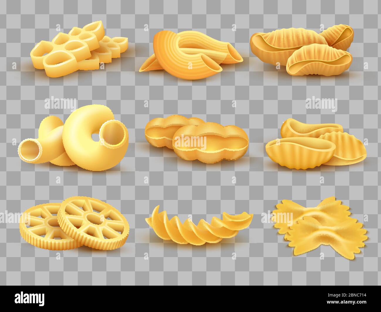 Vector realistic food cooking pasta types isolated on transparent background illustration Stock Vector