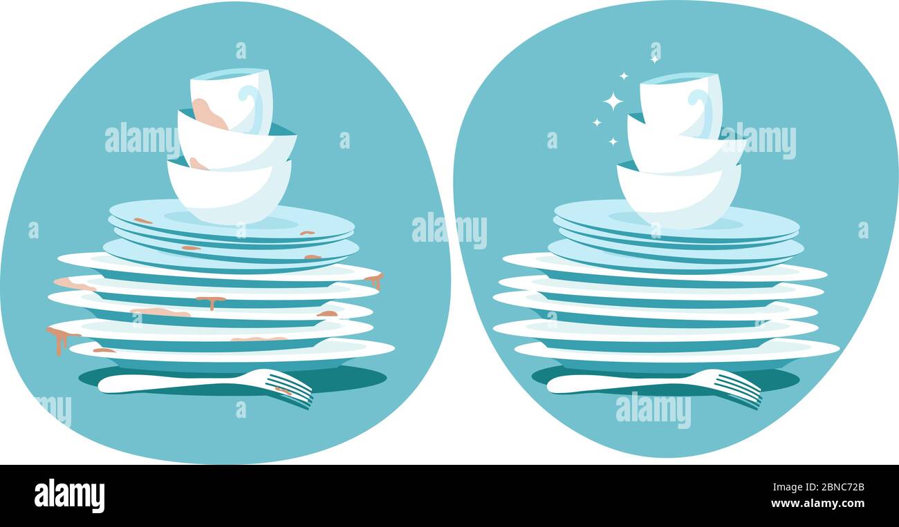 Clean and dirty dishes. Kitchen plates before and after washing