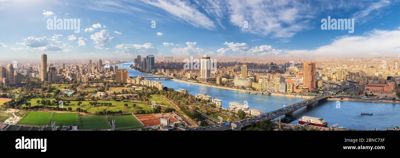 Cairo aerial panorama, the Nile and the downtown buildings, Egypt Stock ...