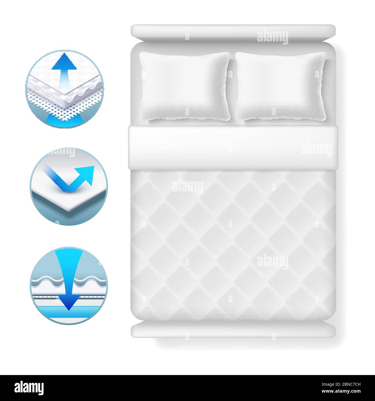Info icons about bed mattress. Realistic white bed with pillows and blanket isolated on white background. Bed furniture mattress for sleep comfortable illustration Stock Vector