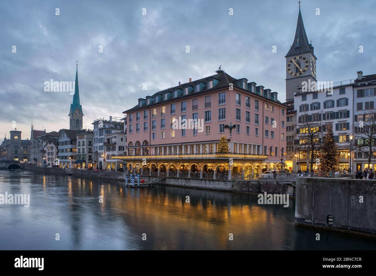 View of Zurich city center with famous historical houses and river