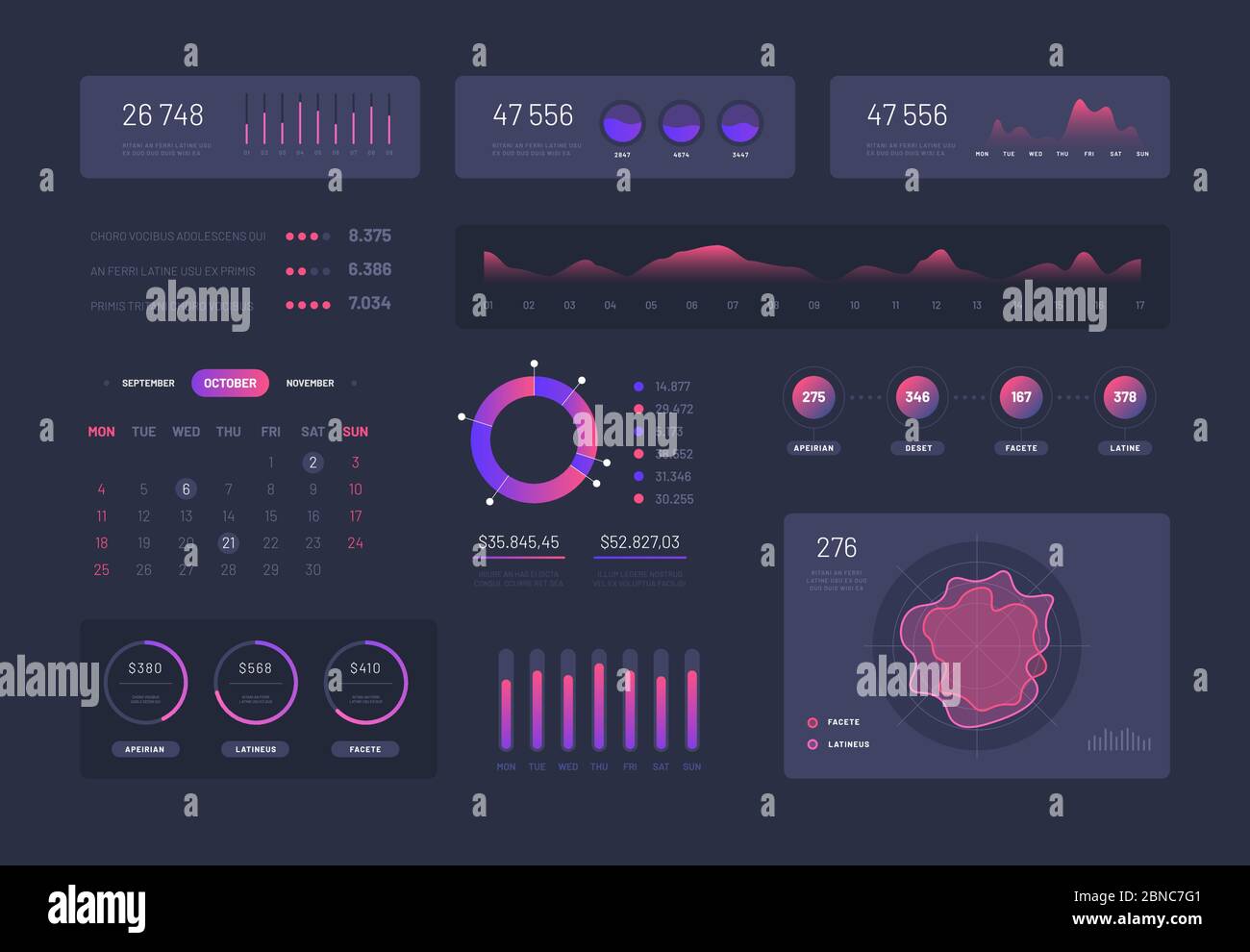 Visual data graphics. Control admin panel with charts column diagrams