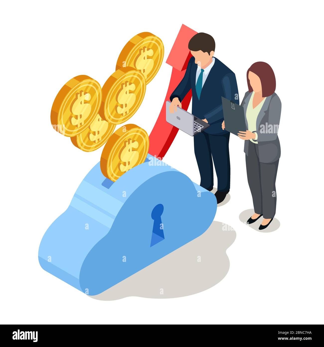 Man and woman record profit growth. Save dollars, business analytics vector concept illustration Stock Vector