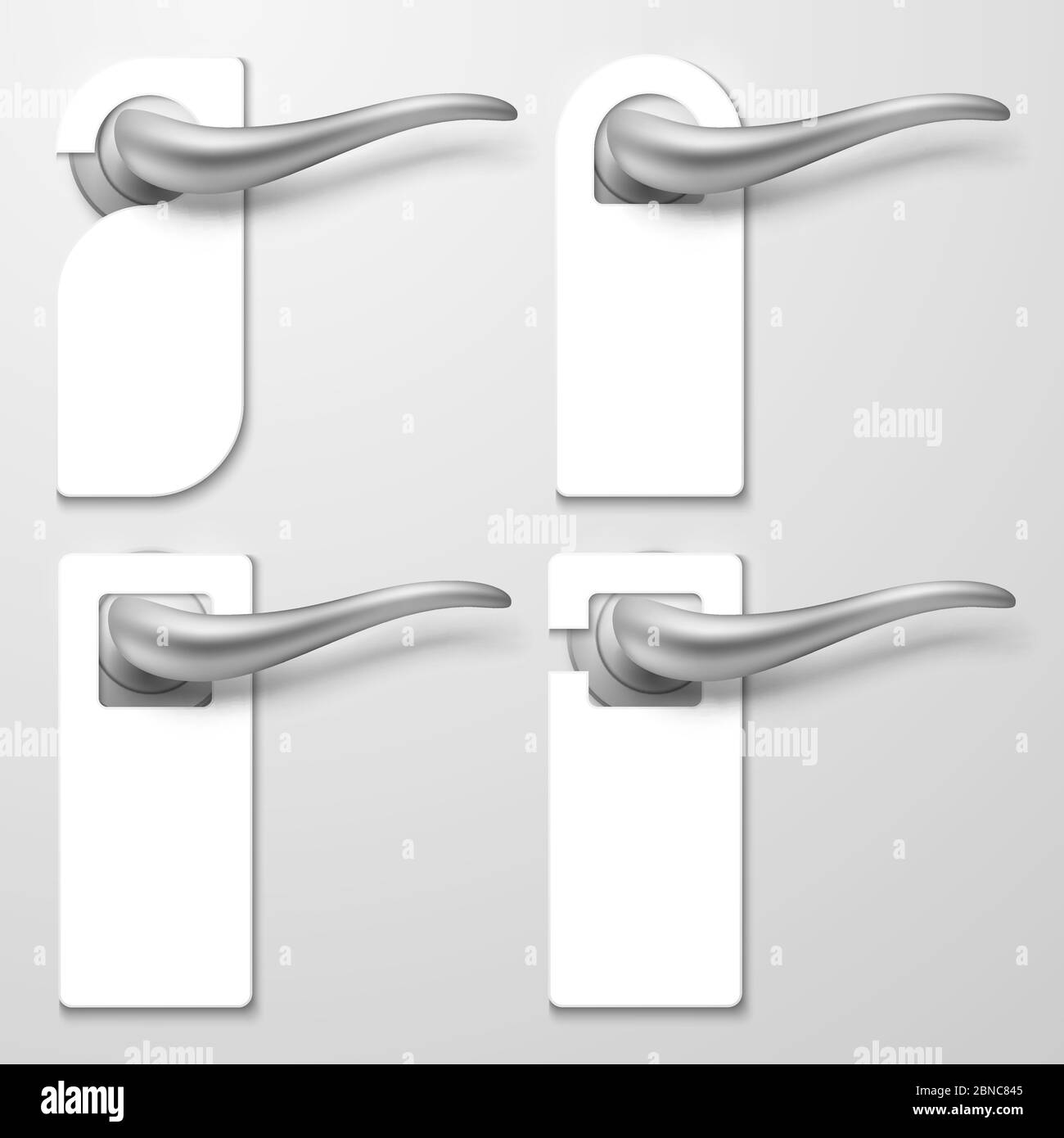 Realistic hotel door handles with white blank plastic hangers vector illustration. Handle door hotel room, warning tag for text Stock Vector