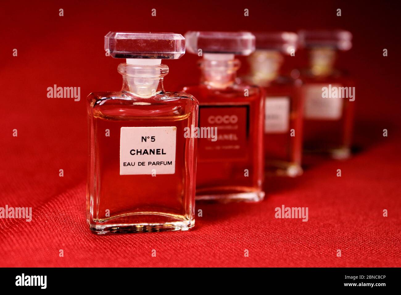 Kolkata, India on 13th May in 2020 : Chanel perfume bottle isolated on red  & blue background. Bottle with Coco Chanel perfume product Stock Photo -  Alamy