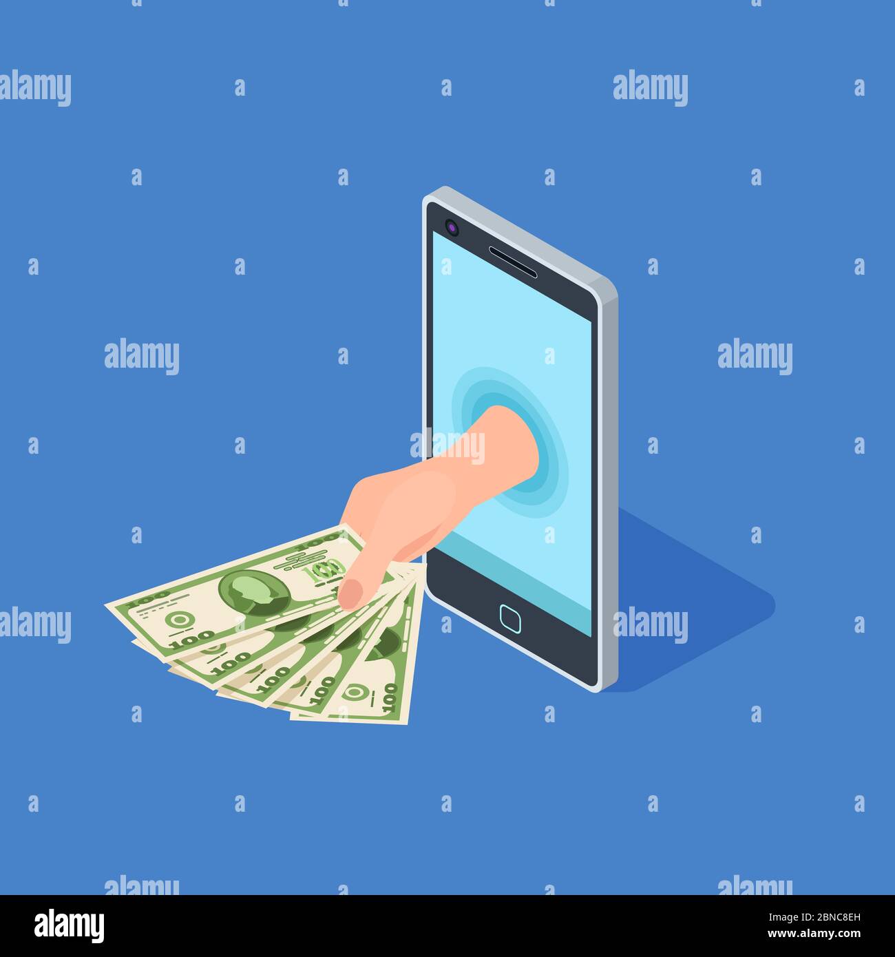 Smartphone online banking vector concept. Hand hold money - isometric banking design. Illustration of mobile banking, hand with banknote cash Stock Vector