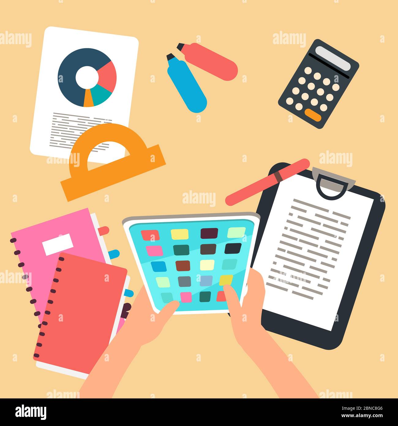 Top view studying or working vector concept. Procrastination with app game flat illustration Stock Vector