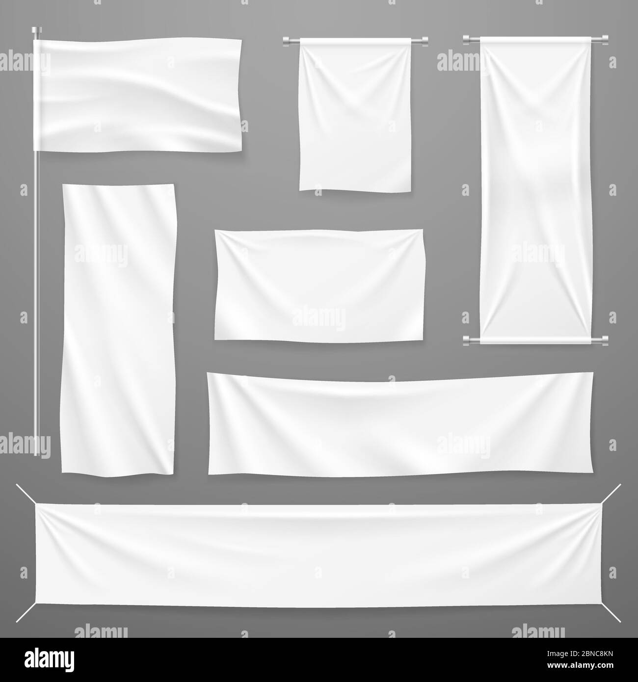 White textile advertising banners. Blank fabric cloths hanging on rope. Folded empty cotton stretched canvas. Vector mockup. Illustration of banner textile for advertising, realistic horizontal sheet Stock Vector