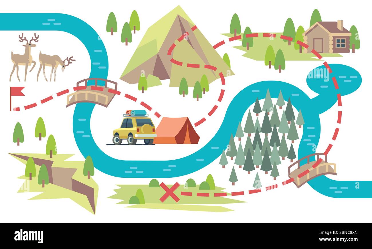 Trail map. Tourists hiking footpath from start to finish with camping location and flag. Tourist route map vector illustration. Travel adventure trail, mountain and forest hiking route Stock Vector