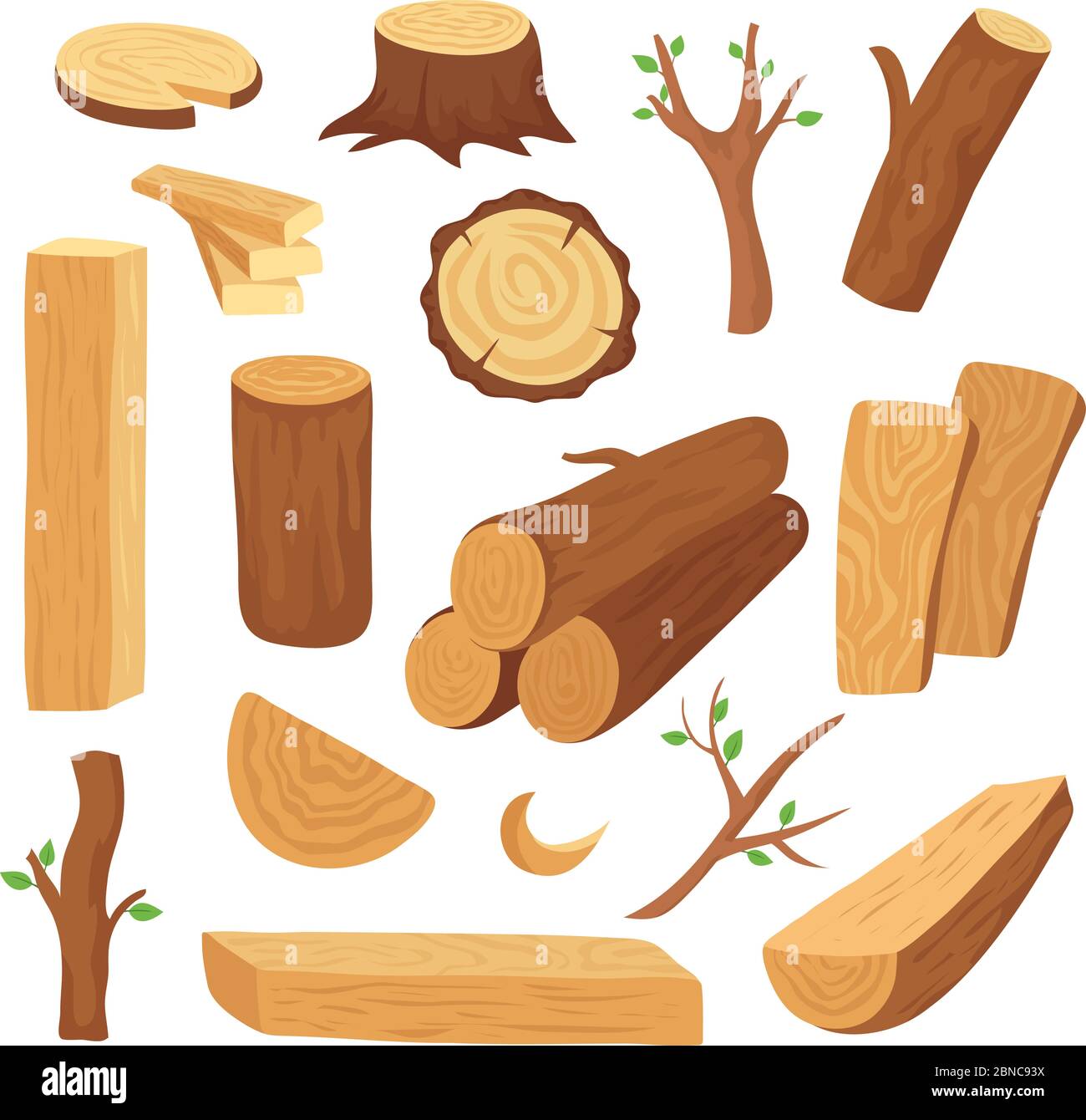 Wood log and trunk. Cartoon wooden lumber, plank. Forestry construction materials vector isolated set. Wood timber, wooden material illustration Stock Vector